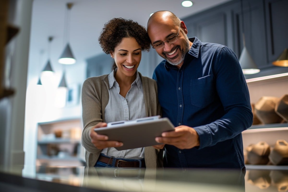 Two people standing close together looking at a tablet in a modern kitchen setting with pendant lights.