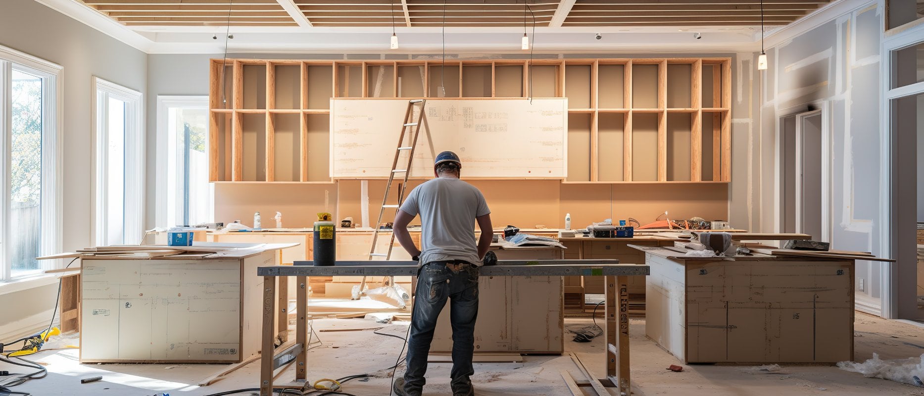 A construction worker in a cap stands at a large unfinished kitchen with wooden cabinets. Tools and materials are scattered around, and sunlight streams in.