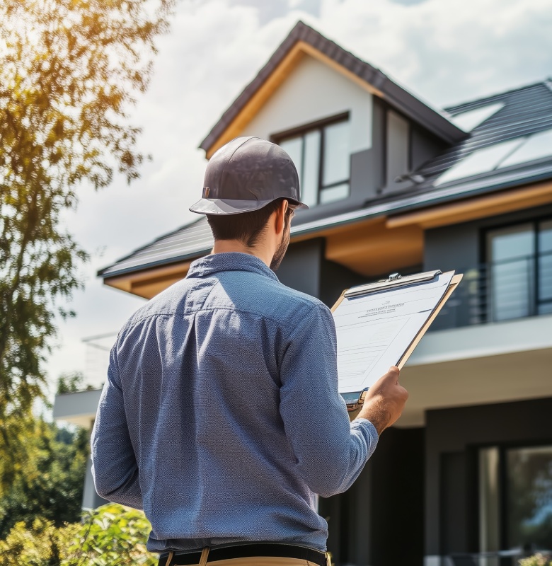 Man in a hard hat inspecting a modern house exterior with a clipboard during daytime.
