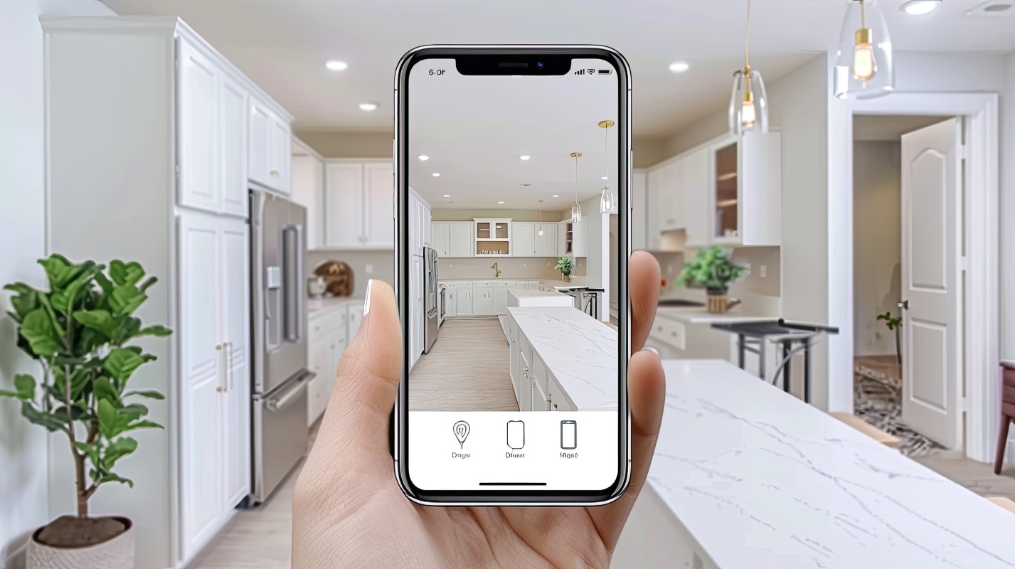 A hand holds a smartphone displaying a modern kitchen with white cabinets and a large island, mirroring the actual bright, organized kitchen in the background.