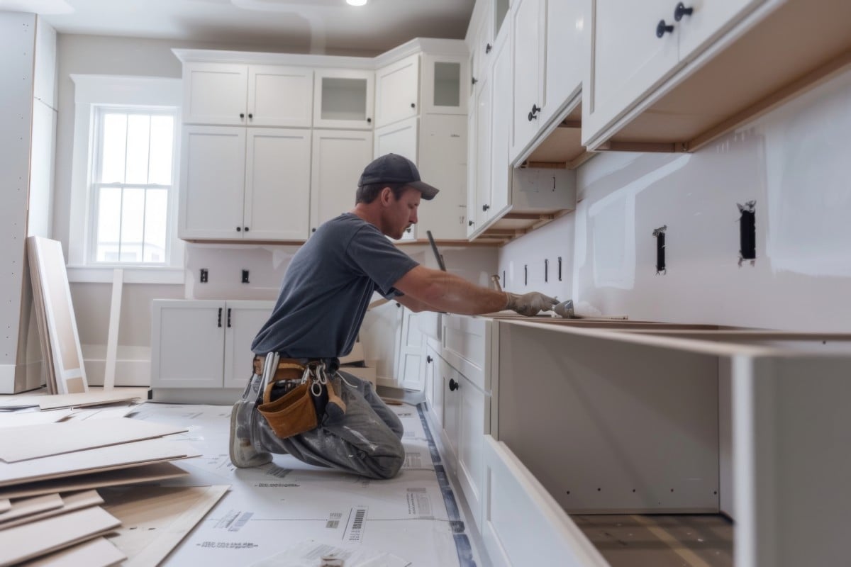 A man kneels in a modern kitchen, installing white cabinets. He wears a tool belt and cap, focused on his work, creating an atmosphere of concentration.
